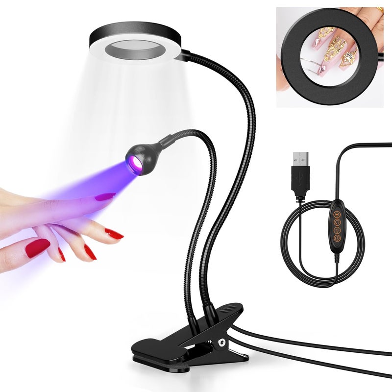 krofaue UV Nail Lamp  Flash Cure Lamp DualLight UV Light with 6 Magnifier 4Levels Brightness Nail Dryer for Regular Polish Desk Clip SalonPerfect Manicures at Home Black